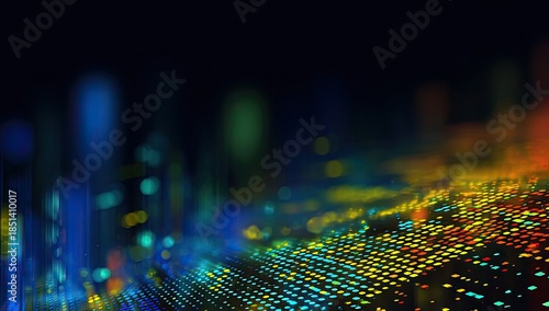 Abstract digital cityscape with blurred bokeh lights and glowing data streams