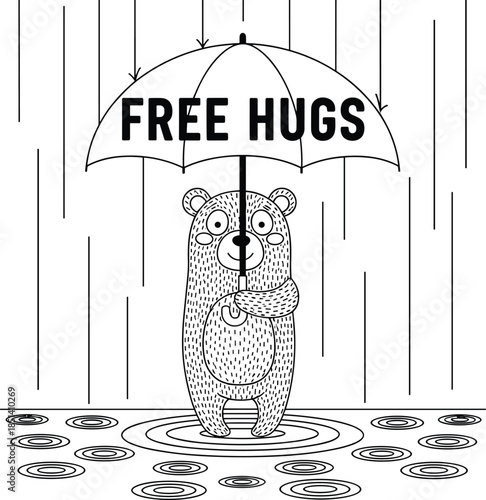 Whimsical black and white line art illustration of a cute patterned bear holding a free hugs umbrella in the rain