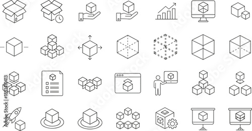 Collection of linear vector icons featuring three dimensional cubes boxes and product logic symbols for software development and architecture