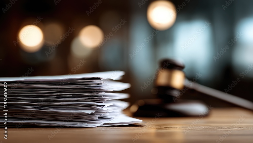 Fototapeta premium Stacked legal documents with a gavel on a wooden desk, blurred background