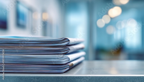 Stacked papers on a smooth surface, blurred background with soft lights