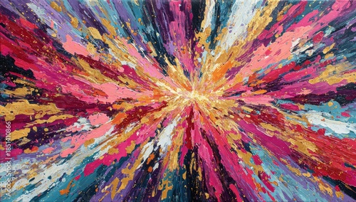 Vibrant abstract explosion of colorful paint splatters with gold accents