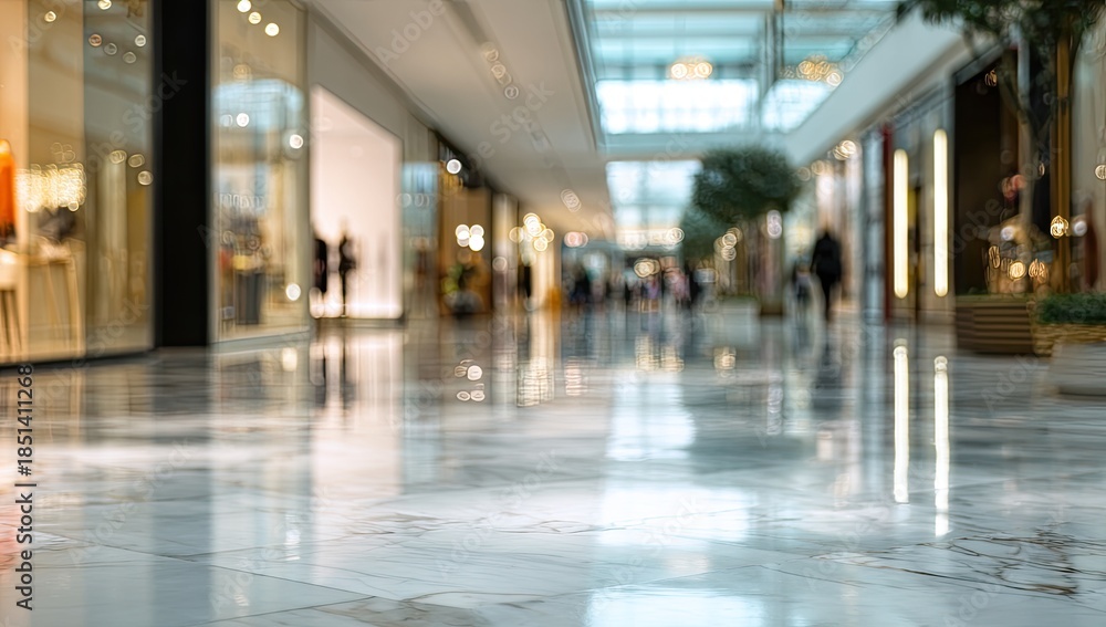 Obraz premium Blurred indoor shopping mall walkway with marble floor and storefronts
