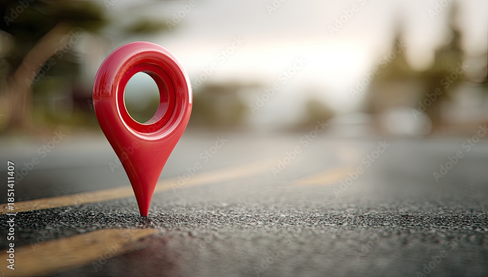 Fototapeta premium A bright red location pin sits on an asphalt road with yellow lines