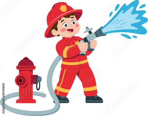 Cute little firefighter boy in red uniform spraying water from hose, cartoon character with fire hydrant, safety illustration vector.