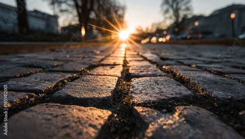 Wallpaper Mural Cobblestone path leads to a bright sunset with sunburst Torontodigital.ca