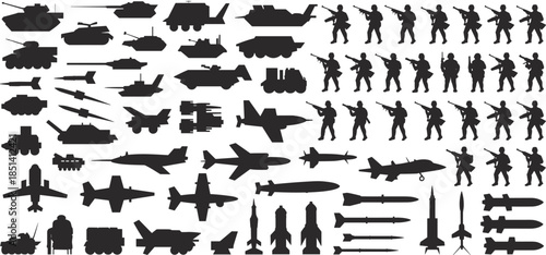 Military vehicles and soldiers silhouettes, tanks, aircraft, missiles, army equipment vector set, defense technology illustration, war machinery, aviation and weapon design collection
