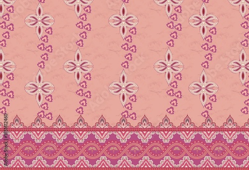 Sophisticated Pink Textile Design with Repeated Geometric Motifs and a Decorative Tribal Style Border
