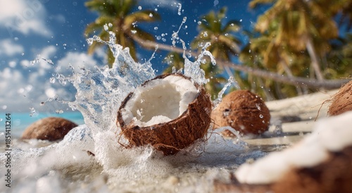 Fresh coconuts splash into ocean water on a tropical beach