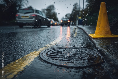 Wet road with cars and traffic cone in falling rain, street level view