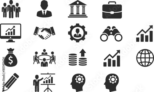 A comprehensive collection of professional black business icons including financial charts, teamwork symbols, leadership silhouettes, money bags