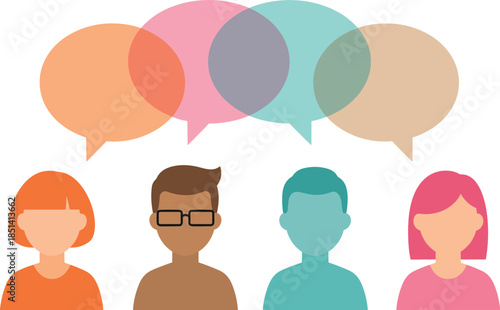 A flat design illustration of diverse people avatars with overlapping colorful speech bubbles representing communication teamwork social media networking