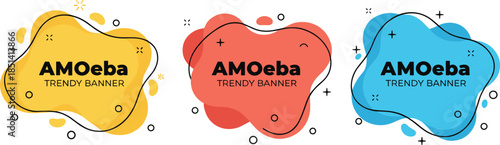 A set of three modern abstract liquid banners with organic amoeba shapes in yellow red and blue featuring trendy geometric design elements on white.