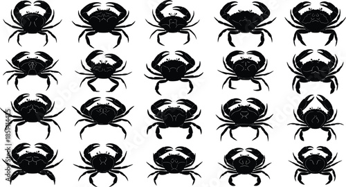 Set of Black Crab Silhouettes, Group of Marine Crustaceans, Seafood, Beach, Ocean, and Wildlife Vector Graphic Icons Collection for Seafood Restaurant or Nautical Design.