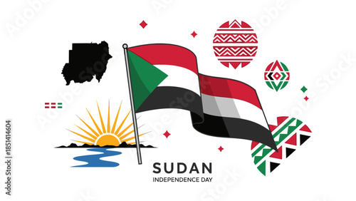 Illustration of the Sudanese flag waving with geometric patterns and a map of Sudan on a white background, celebrating Sudan Independence Day.