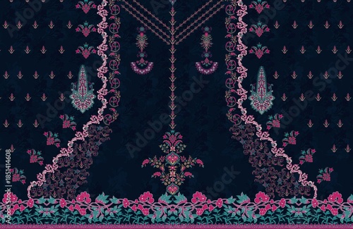 Ornate Floral Embroidery Pattern on Dark Navy Blue Background, Luxurious Ethnic Textile Design with Pink and Teal Motifs for Fashion, Saree, and Apparel Prints