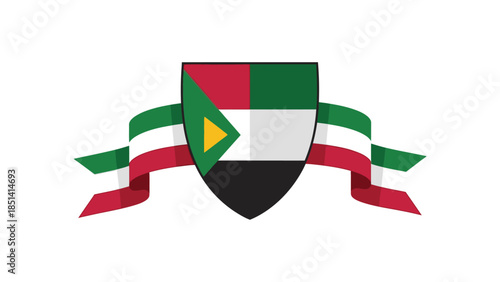 Graphic illustration of the Sudanese flag shield with ribbons on a white background, conveying national pride and patriotism.
