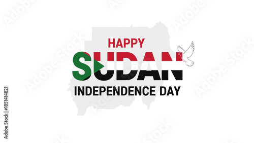 Graphic design celebrating Sudan Independence Day with a colorful flag and map on a white background.