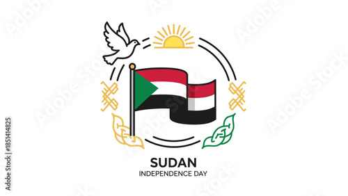 Illustration of the Sudanese flag surrounded by symbolic elements for Sudan Independence Day on a white background with a dove and sun.