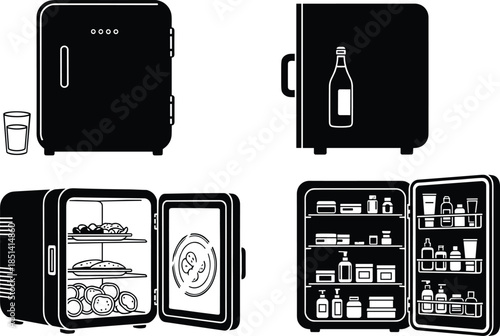 Minimalist vector illustration of compact mini fridge designs including closed, open, food storage and cosmetic refrigerator variations, modern black silhouette style for branding and product concepts