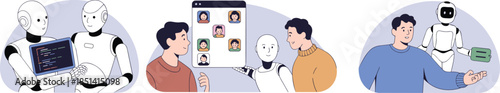 Humanoid robots interacting with humans in digital, financial, and communication environments showcasing AI assistance, technology, and futuristic lifestyle concepts