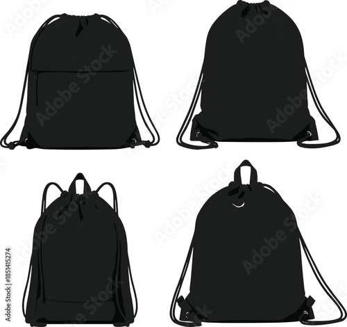 Set of black drawstring backpacks, simple gym bag illustrations showcasing minimal design, practical storage accessories for sports, travel, school, and everyday use