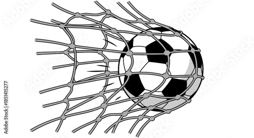 A graphic vector illustration depicts a black and white soccer ball powerfully hitting the back of a goal net, symbolizing a successful score.
