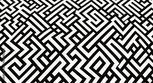 Abstract black and white labyrinthine pattern creates a complex, interconnected network, offering a visually engaging and challenging design, ideal for backgrounds and creative projects.