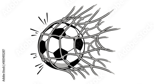 A black and white vector illustration depicts a soccer ball exploding through the net, capturing the dynamic energy of a successful goal in a competitive sports match.