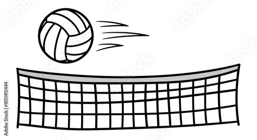 Dynamic vector illustration showcases a volleyball soaring over the net, capturing the energy and excitement of a competitive sports game with speed lines.