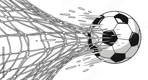 A dynamic black and white vector illustration captures a soccer ball powerfully breaking through the goal net, symbolizing a successful score or victory in sports.