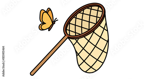 Illustration of a butterfly flying near a hand-held net, perfect for catching insects or adding a whimsical touch to designs with a nature-themed aesthetic.