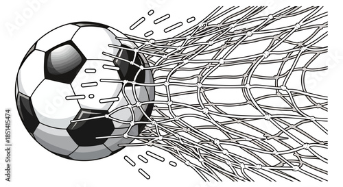 A classic black and white soccer ball powerfully breaks through a goal net, illustrating a dynamic moment in sports.
