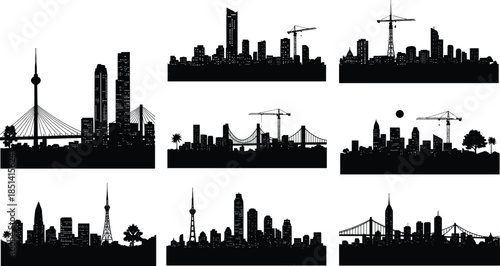 Modern city skyline silhouette vector collection with skyscrapers, bridges, cranes and urban construction elements, perfect for architecture, real estate, business and metropolitan design themes