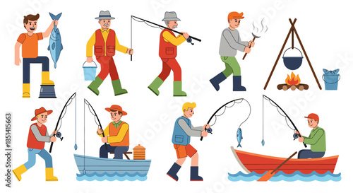 A collection of vector illustrations depicting various fishing activities, including anglers with rods, boats, campfires, and catches, ideal for outdoor and recreational design projects.