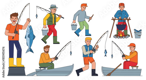 Diverse male characters are depicted in a charming flat vector illustration set, actively participating in the relaxing and rewarding outdoor sport of fishing.