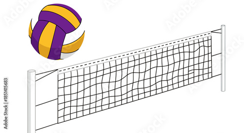 A vibrant purple and yellow volleyball sits beside a detailed white net, ready for a competitive game in this clean vector illustration.