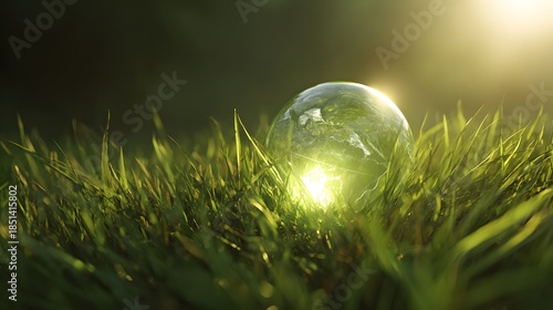Glowing Orb Nestled in Lush Green Grass with Sunlight.
