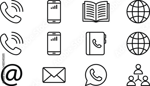 Minimal communication and contact outline icon set for phone mobile email network global connection user interface web app vector