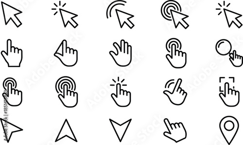 Minimal cursor and hand click icon set for user interface interaction touch gesture web app design vector illustration