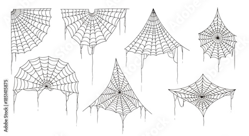 A collection of stylized, monochrome spiderweb vector illustrations, perfect for Halloween decorations, web design elements, or spooky themed projects, offering a variety of shapes and styles.