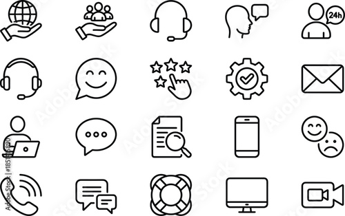 Minimal customer support and communication outline icon set for service helpdesk feedback user interface web app vector