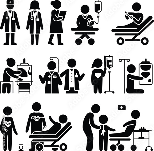 Medical Professionals, Patient Care, Hospital Treatment, IV Therapy, Child Healthcare, Pregnancy Monitoring, X-ray Diagnosis, Wheelchair Support, Clinical Services, Black Silhouette Icons