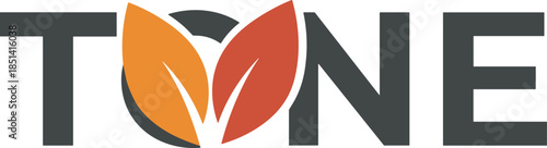 Modern minimalist typographic logo design for Tone featuring a dark grey sans serif font with orange and red leaf icons integrated into the letter O.