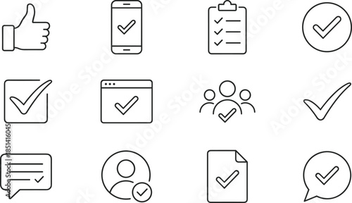 Minimal check mark approval and verification outline icon set for confirmation success validation user interface web app vector