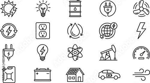 Minimal energy power and renewable electricity outline icon set for sustainability industry technology user interface web app vector