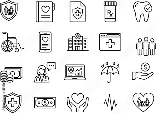 Minimal healthcare insurance and medical protection outline icon set for patient care policy finance user interface web app vector