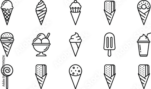 Minimal ice cream dessert and frozen sweet outline icon set for summer food menu user interface web app vector