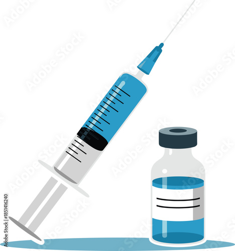 Medical syringe and vaccine vial with blue liquid for healthcare, immunization, injection, treatment, hospital, and pharmaceutical concept illustration