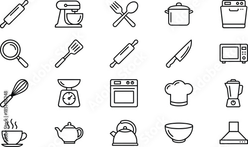 Minimal kitchen cooking and food preparation outline icon set for restaurant recipe culinary user interface web app vector